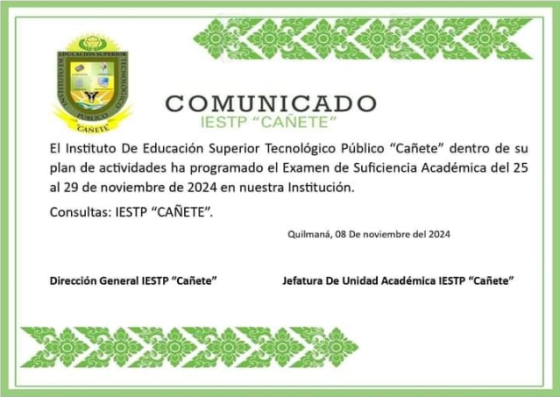 IESTP CAÑETE ANUNCIA FECHAS PARA EXAMEN DE SUFICIENCIA ACADÉMICA 2024